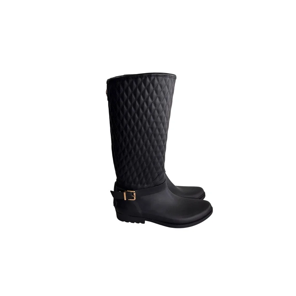 Guess GWJULUE Black Quilted Tall Rain Boots Matte Buckle Detail Womens 9